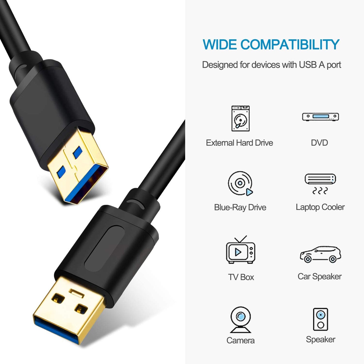 USB 3.0 Male to Male Cable 3Ft,Usb to USB Cable with Gold-Plated Connector for Hard Drive Enclosures, DVD Player, Laptop Cooler (3Ft/1M)